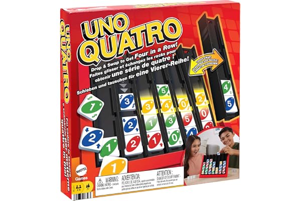 Mattel Games UNO Quatro, Jeu De Tuiles Familial pour Enfants Et Adultes, Jeux De Société pour Soirée Jeu en Famille Ou en Voyage, 2 À 4 Joueurs, Jouet pour Enfant de 7 Ans et Plus, HPF82