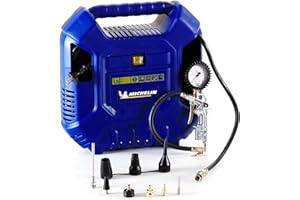 Michelin MB1 Compresseur d'Air Portable, Compresseur d'Air Sans Huile avec Tuyau de 1 m, Pistolet de Gonflage avec Manomètre et 6 Buses, Pression Max. 8 Bar, Puissance 1.5 CV