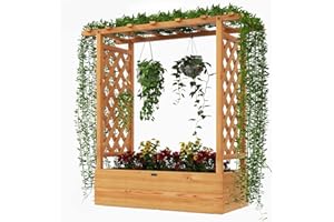GOPLUS Hochbeet mit Rankgitter, Blumenkasten mit hängendem Dach & Ablauflöchern, Pflanzkasten Rankhilfe Pflanzkübel für Garten, Terrasse, Hof (Orange, 100 x 44 x 113,5 cm)