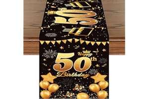 DOMGOGE 50th Birthday Table Runner Black Gold Happy 50th Birthday Table Runner for 50 Years Old Men Women Celebration 50th Birthday Anniversary Party Non-Slip Dining Table Linen Cloth Decorations, 180x35cm
