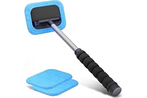 WALSER Nettoyeur de vitres pour voiture, Nettoyeur intérieur de vitres de voiture fonction télescopique 26-42 cm extensible, Nettoyeur de pare-brise incl. 2 chiffons microfibres