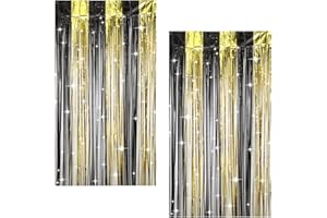 Jeqqinuz 2 Stück Lametta Vorhang Schwarz, Luftschlangen Gold Party Deko Geburtstagsdeko Mann für Casino Stilvolle Neujahr Glitzer Hintergrund Hochzeit Dekorationen, 1m x 2m Tinsel Folie