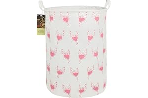 HUNRUNG Laundry Hamper,Large Canvas Fabric Lightweight Storage Basket Toy Organizer Dirty Clothes Collapsible Waterproof for College Dorms, Children Bedroom, Bathroom (Round Pink Heart)