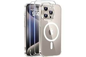 Qasyfanc Clara Magnética Funda para iPhone 15 Pro Compatible con MagSafe con 2 Protector Pantalla, Protección De Cámara Protectora Anti-Amarillo TPU Bumper Carcasa iPhone 15 Pro,Transparent
