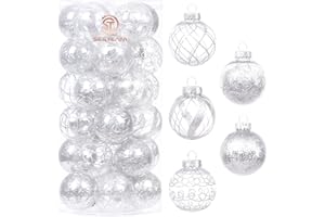 Sea Team Nietłukące się przezroczyste plastikowe bombki świąteczne 60 mm, zestaw z brokatowym obrazem, przezroczyste, przezroczyste, kryształowe bombki, dekoracje choinkowe (30 szt., srebrne)