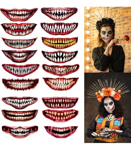 18 Fogli Di Tatuaggi Temporanei Per Halloween, Bocca Horror Con Denti Da Vampiro, Impermeabili, Per Viso E Corpo - 2