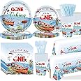 TOYBY Gone Fishing Party Decorations, Gone Fishing Party Supplies with Little Fisherman Gone Fishing Themed Tablecloth, Plates, Napkins, Cups, Forks and Knives for Fishing Birthday Party Decoration
