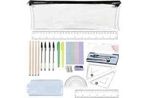 HUACOMMERCE 20 PCS School Stationery Set with 4 Pencils, 4 Pens, 2 Highlighters, Eraser, Sharpener, Geometry Kit with Compass, Pencil Case & Post Notes, Back to School & Exam Essentials Set, for GCSE, A-Level
