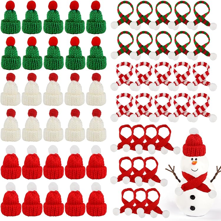 FiveMileBro 20 Pcs Mini Bonnet De Noel En Tricot, Mini Foulard De Noël, Chapeau De Bouteille De Vin De Noël, Chapeau De Sucette, Décoration De Couvercle De Stylo, Pour Décorer UnePoupée (Mix