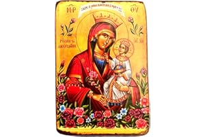 IconsGr Handmade Wooden Greek Christian Orthodox Wood Icon of Virgin Mary The Unwithering Rose / A0