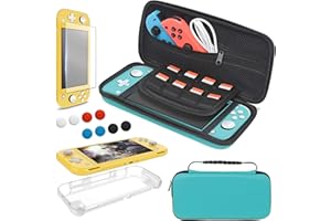 YUANHOT Étui Kit d'accessoires Compatible Avec Nintendo Switch Lite, 4 in 1 Coque et Housse Transparente et Protection Écran en Verre Trempé, Bleu