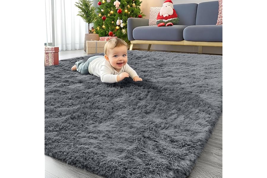 Homaxy Fluffy Shaggy Rugs Living Room, Large Anti Slip Carpet, Machine Washable Soft Thick Pile Bedside Rug for Kids Bedroom, Nursery - Dark Grey, 120 x 160 cm