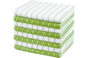 gryeer Microfibre Tea Towels - Pack of 8 (Stripe Designed Green and White Colours) - Soft, Super Absorbent and Lint Free Kitchen Towels, 45 x 65 cm