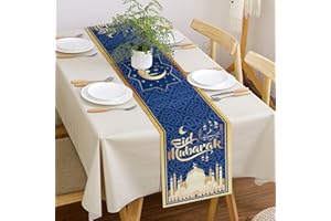 LANMOK Eid Mubarak Table Runner Ramadan Linen Mosque Tablecloth Muslim Islamic Iftar Party Table Decor with Golden Moon Lantern Mosque Pattern for Home Ramadan Decor 13.7 x 72 inches