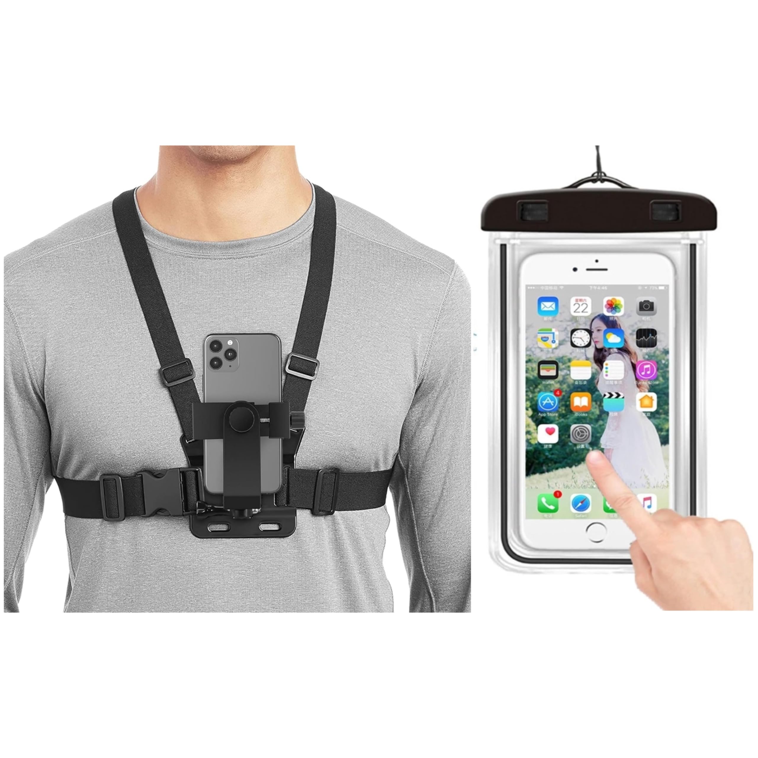 Like Star Adjustable Chest Strap Mount with Mobile Holder Clip & Screw Compatible with All Smart Phones for Gopro Hero, SJCAM, Yi & Other Action Cameras - Black with (Mobile Water Pouch-Multi)