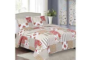 Euromat Tavira Pikowana narzuta na łóżko + 2 poszewki na poduszkę (zestaw 3-częściowy), kolor beżowy, czerwony i biały (Americana J-080), 220 x 240 cm + 2 x 40 x 40 cm