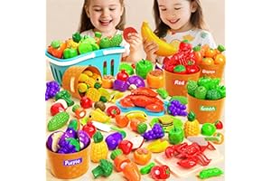 BLmukce Cutting Play Food Set, Pretend Kitchen Accessories, Fake Food with 6 Shopping Storage Basket, Educational Role Plastic Play Toy for Toddlers Boys Girls, Birthday Gifts Age 3 4 5