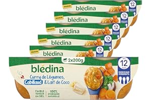 BLÉDINA - Bols - Repas Midi Bébé - Curry de Légumes, Cabillaud et lait de Coco - dès 12 Mois - sans Sel Ajouté - 12 x 200 g
