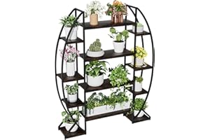 unho Support de Plantes d’intérieur 8 Niveaux: 125x30x177cm Étagère Plante en Métal Porte Fleur pour Salon Balcon Présentation Design avec Dispositif Anti-Renversement - Brun Rustique et Noir