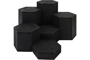 BELLE VOUS Set di 6 cubi esagonali in legno nero, espositore per ripiani e banconi, base a più livelli per gioielli, negozi, figurine, cupcake e dessert