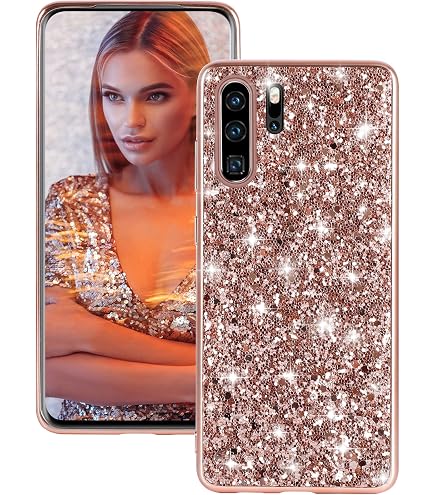Uposao Glitzer-Hülle Für Huawei P30 Pro – Mit Ring-Ständer, Rosa, Transparent, TPU-Silikon
