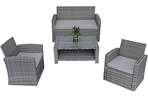 SHATCHI 4 Seater Rattan Garden Furniture Set – 2 Chairs, Loveseat Sofa, Coffee Table – Grey Outdoor Patio Set with Cushions, Tempered Glass Table – Steel Frame Lounge Seating
