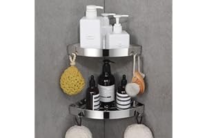 DUFU Mensola Doccia Senza Foratura, Angolare per Bagno Adesivo Portaoggetti da Muro in Acciaio Inox con 4 Ganci, Porta Sapone Argento, 2 Pezzi