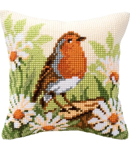 Kit Broderie Point De Croix VERVACO – Housse De Coussin Cœur Festif – Tissu Pré-imprimé 40x40 Cm – Fil DMC Inclus