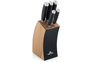 ‎GERLACH Gerlach Deco Black Zestaw Noży W Bloku Z Drewna Bukowego Do Kuchni 5 Rodzajów Ostrza Stal Trwała Twarda Nierdzewna Rękojeść Z ABS Nóż Kuchenny Szefa Do Chleba Jarzyn