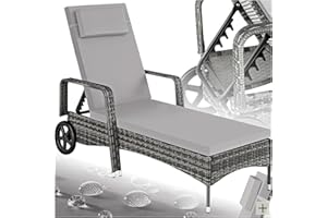 TecTake® Rattan Garden Sun Lounger, 6-Level Adjustable Backrest, Plastic Weave, Outdoor and Indoor Use, Easy-Care Garden Recliner Chair with Padding & Cushion, Rubber Wheels - grey