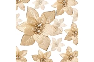 WILLBOND 36 Stück 3 Größen Glitzer Weihnachtsblumen Künstliche Weihnachtsstern Blumen Weihnachtsbaum Blumenschmuck Glitzernde Weihnachtsbaum Blumen für Weihnachten Neujahr (3/4/ 6 Zoll, Champagner)