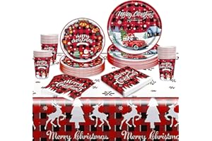 FORFAMY Vaisselle de Noël Ensemble, Assiettes Fête de Noël Décorations Table de Noel Joyeux Noël Assiettes en Papier d'anniversaire Accessoires Gobelets Serviettes Nappe Dessin Merry Christmas 24 Invités