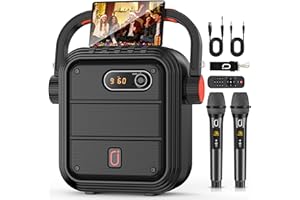 JYX Karaoke Machine with 2 Wireless Microphones, Portable Bluetooth Speaker with Shoulder Strap/Remote, Power PA System Support SD Card/USB/AUX/TWS/TV/Smartphone/FM, Bass &Treble for Party/Meeting