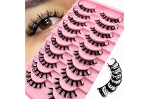 HERACKS 10 Paare 3D Künstliche Wimpern Russische Falsche Natürlicher Look, Curly Cat Eye Lashes D Curl mit Natürlichem Wispy-Volumen Katzenauge Wimpern(S011)