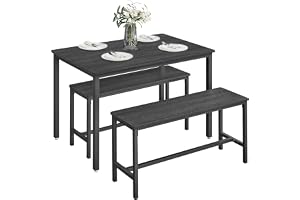 VASAGLE Matgrupp, Matbord med 2 Bänkar, Stålram, 110 x 70 x 75 cm | Platsbesparande, för 4 Personer, för Kök, Industriell Design, Ask svart och matt svart, BARNET Kollektion KDT070B21