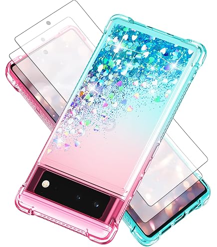 Glitzer-Handyhülle Für Google Pixel 6 – 2-in-1 TPU Case Mit Blumen & Diamanten, Durchsichtig Rosa/blau