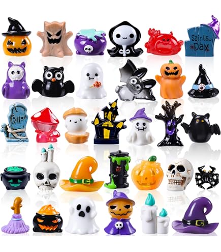 32 Mini Figurines Lumineuses Halloween Résine – Citrouilles Fantômes Chauves-Souris Phosphorescentes