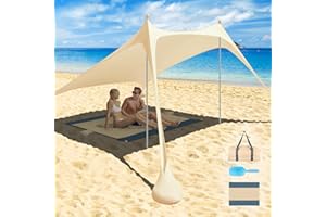 IKKLE Beach Tent Sun Shelter, Portable Canopy Sunshade, Pop Up Beach Tent UPF50+ with Awning Carpet Sand Shovel Carrying Bag, Perfect for Beach, Camping, Fishing, Backyard Fun (2.4x2.4M,2Poles,Beige)