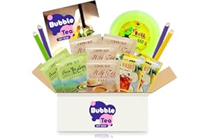 Bubble Tea DIY Set mit Lychee Popping Boba - Für 4 Getränke - 14-teiliges Boba Tee Starter Kit - 3 Teesorten (Milchtee, Grüner Tee, Zitronen-Eistee), Fruchtperlen, Strohhalme, mit Anleitung