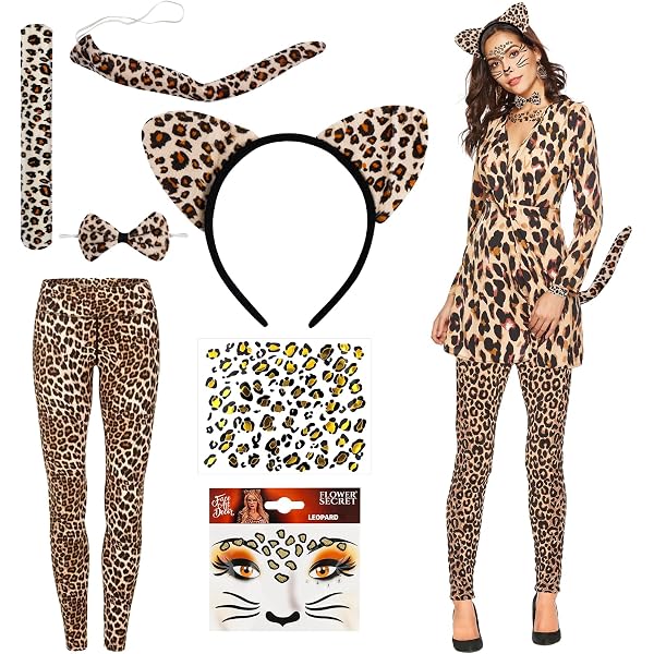 Déguisement Léopard 7 Pièces Pour Femme Et Fille – Serre-tête, Queue, Nœud Papillon, Tatouages Visage, Pour Halloween Et Soirées à Thème