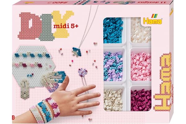 Hama Perlen 3712 Perles de Repasser Boîte Cadeau Bijoux avec Environ 2400 Perles MIDI Comprend Modèle de Plaque Hexagonale en Papier de Repassage Accessoires Cheveux pour Enfants de 5 Ans et Plus