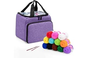 LoDrid Knitting Starter Kit with Yarn Set Tools for Beginners, Portable Knitting Tote Bag with 12(50g) Basic Colors Yarn & 2 Crochet Hooks, 6 E-Books, Yarn Project Organizer, for Adults, Purple