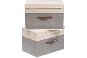 OUTBROS Boîte de Rangement, 45 x 30 x 30 cm Paniers de Rangement Pliables avec Couvercles et Poignées, Boîte Range pour Vêtement, Magazine pour, Chambre à Coucher (2 pièces, Gris/Beige)