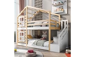 Becag Kinderbett 90x200 cm Etagenbett für 2 Kinder, Baumhaus Hochbett mit Fenster, Treppe mit Speicherung, Hausbett Holzbett Bettgestell mit Rausfallschutz und Lattenrost, Ohne Matratze, Natur & Weiß