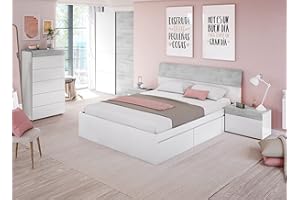 MIROYTENGO Muebles Dormitorio Matrimonio Completo Color Blanco y cemento (Cama + cabecero + cómoda + Armario) SOMIER Incluido