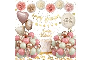ALMAXI Deko Geburtstag Frau Mädchen, Geburtstagsdeko mit Geburtstag Luftballons Rosa, Pompons Party Deko Rosa Beige, Happy Birthday Dekoration Banner für Geburtstagsdeko frauen Mädchen Baby