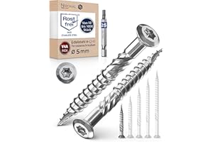 NIETFULLTHINGS Torx Lot de 500 vis à bois et 1 embout hexagonal correspondant, pour terrasse, 5 x 40 mm, en acier inoxydable A4, avec tête bombée, encoche de coupe et nervures d’épluchage pour bois, 40 mm de long
