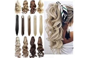 SILK-CO Long Short Claw Ponytail Hair Extension One Piece Cute Clip in on Ponytail Jaw/Claw Synthetic Straight Curly Hairpieces 12" Curly Ash Blonde mix Bleach Blonde