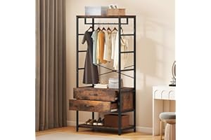 DWVO Coat Stand Rack, Hallway Hall Tree with 2 Wooden Drawers, Floorstanding Garment Rack with Shoe Storage Industrial Clothes Rail for Entryway Living Room Bedroom Entrance, Rustic Brown