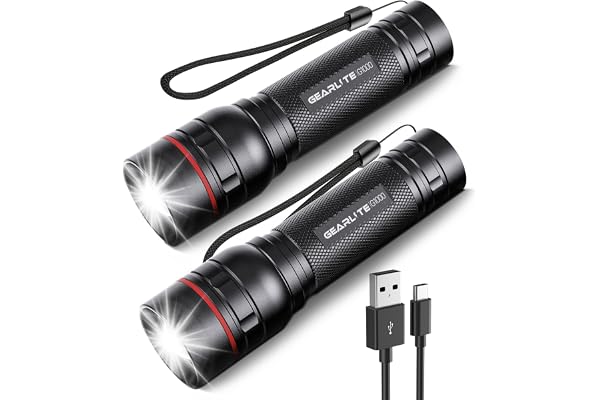 GEARLITE Lampe Torche LED Rechargeable 2 Pièces, 2000 Lumens Lampe de Poche Rechargeable avec 3 Modes, Zoomable, IP65 Étanche Mini Lampe Torche LED Ultra Puissante pour Camping, Urgence, Randonnée